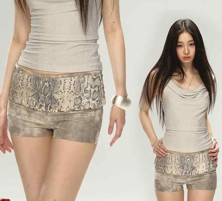 ホットパンツ レディース ハイウエスト スパンコール レザー サイドジップ ポケット スリムフィット 着痩せ 脚長 短パン ショート ボトムス おしゃれ セクシー カジュアル 普段着 お出かけ ヘビ パイソン アニマル柄 プリント 切替え