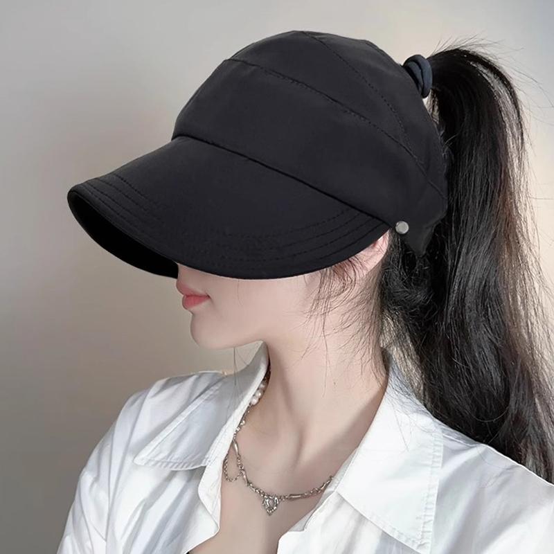 サンバイザー レディース 夏 日焼け防止 ハット つば広 サンシェード 小さめ ポニーテール シンプル カジュアル ランニング スポーツ おしゃれ カーキ アイボリー 黒
