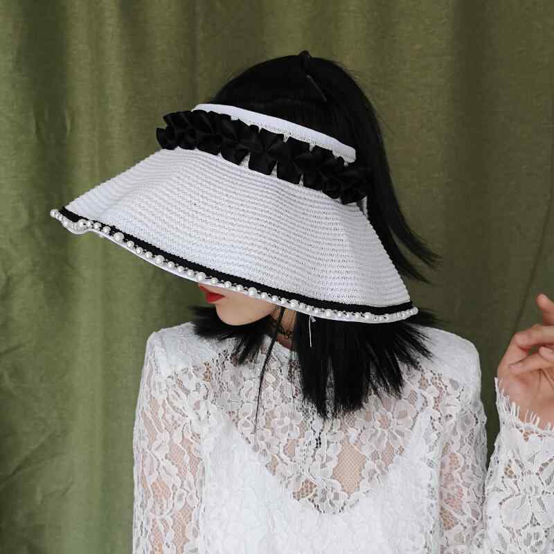遮陽帽 - サンバイザー 麦わら レディース おしゃれ 春夏 秋 サイクリング プリーツ パール 韓国 ビーチ お出かけ つば広 黒 白 面ファスナー シンプル 普段使い アウトドア