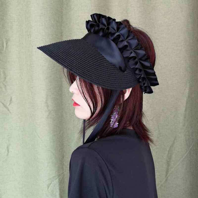 サンバイザー 麦わら レディース カジュアル 普段使い 日焼け防止 夏 プリーツ エレガント つば広 おしゃれ シンプル フレンチ 黒 白 カーキ リボン 旅行 調整可能