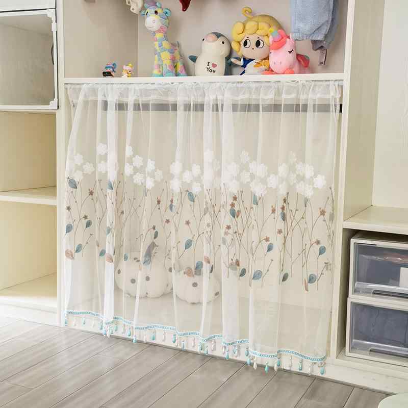 カフェ カーテン おしゃれ リーフ 刺繍 花 レース ビーズタッセル レトロ 遮光 目隠し 防塵 日除け 仕切り 小窓 リビング キッチン 新生活 インテリア ブルーグレー