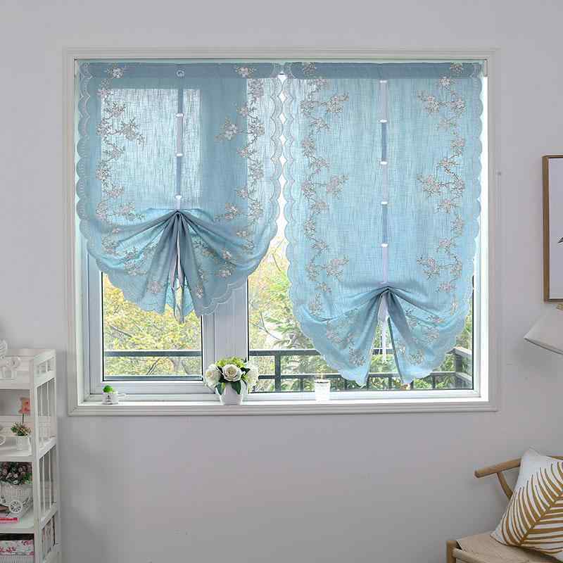 カーテン おしゃれ 梅の花 刺繍 リボン 波状 レトロ ハーフサイズ 遮光 目隠し 防塵 日除け 仕切り 小窓 リビング キッチン 新生活 インテリア 青