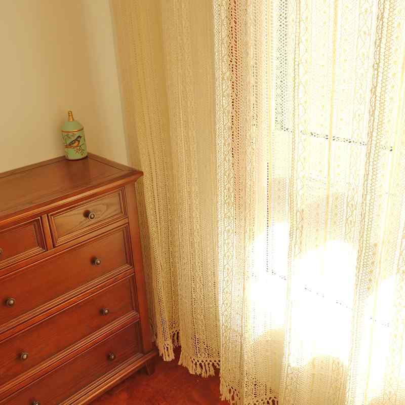 カーテン おしゃれ リネン 綿 かぎ針編み タッセル アメリカン カントリー風 レトロ 遮光 棚隠し 防塵 日除け 仕切り バルコニー リビング キッチン 新生活 インテリア アイボリー