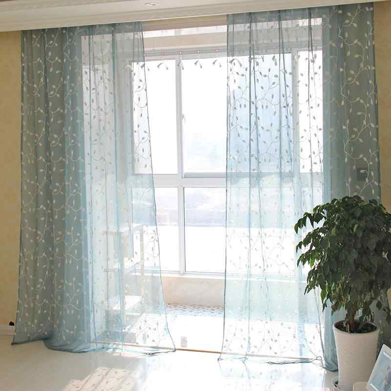 カーテン オシャレ 北欧風 ガーゼ リネン リーフ柄 刺繍 レトロ シンプル 遮光 防塵 日除け 仕切り バルコニー リビング キッチン 新生活 インテリア 模様替え 青