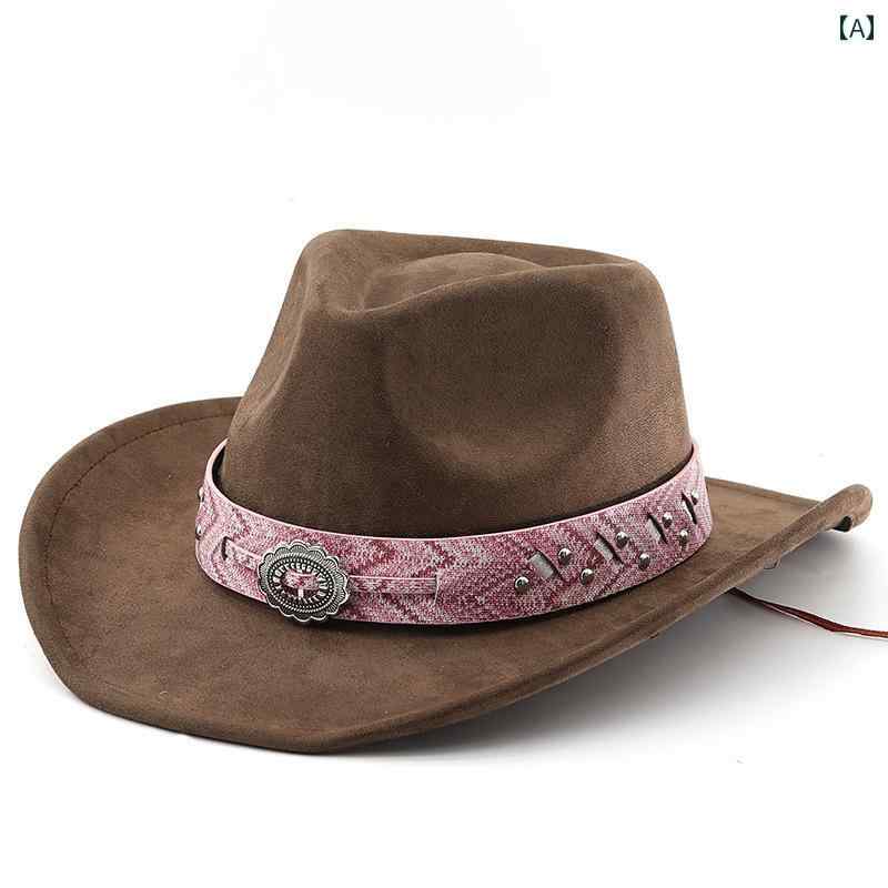ウエスタン カウボーイ ハット 帽子 チベット スエード メンズ レディース ベルト付き つば広 カーキ ..