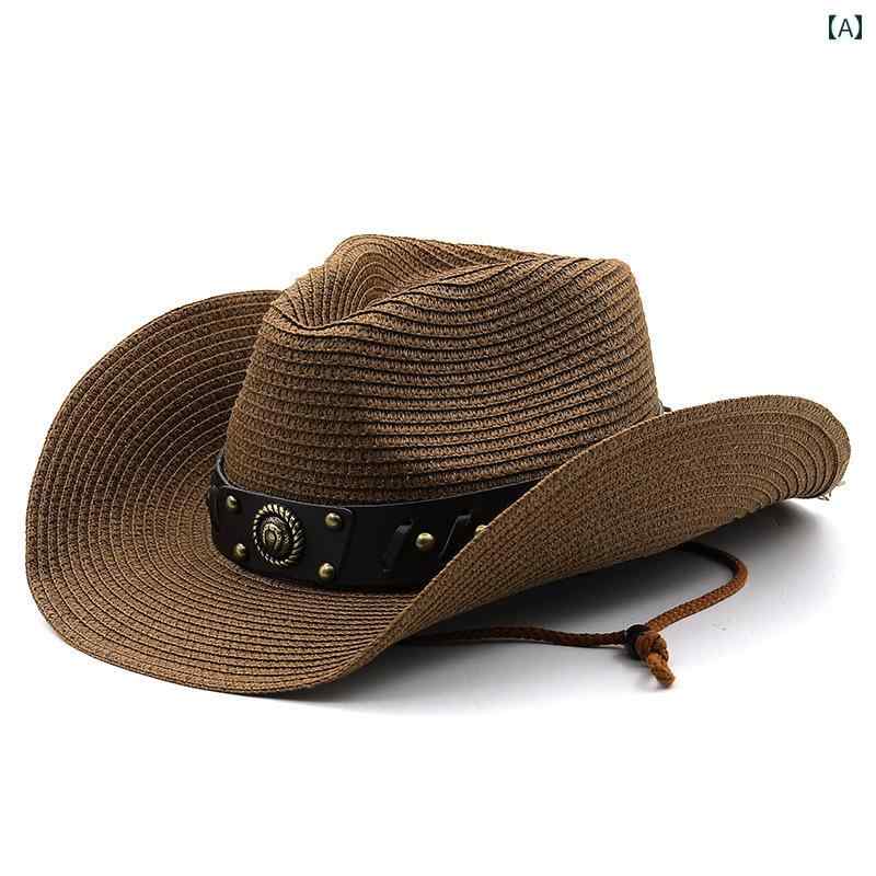 ウエスタン カウボーイ ハット 麦わら 帽子 夏 メンズ つば広 屋外 日焼け防止 黒 カーキ 白 シンプル カジュアル かっこいい スタイリッシュ 衣装