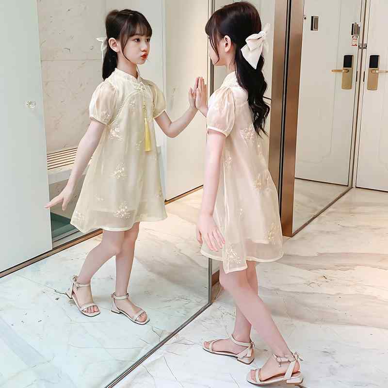 漢服 子供 コスプレ ひざ丈 ガールズ 夏 半袖 薄手 チャイナ風 ドレス 柔らかい シアー お祝い タッセ..