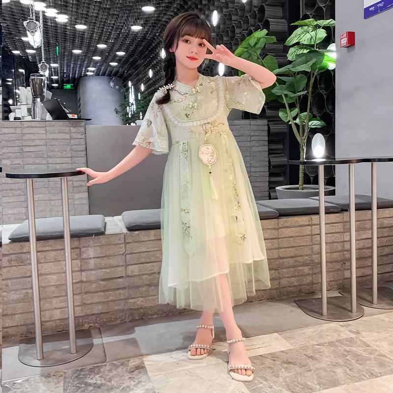 漢服 子供 コスプレ 女の子 夏 ロング ドレス ワンピース チャイナ風 レトロ ガーゼ 大きな 妖精 プリ..