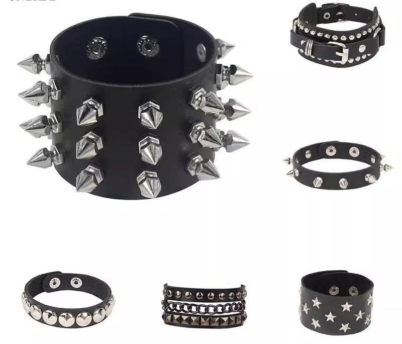 ブレスレット メンズ レザー かっこいい アクセサリー 装飾 パンク ロック バックル スタッズ カップル 男性 女性 レディース ユニセックス チタン 星 チェーン 普段使い レジャー 黒 白 ピンク