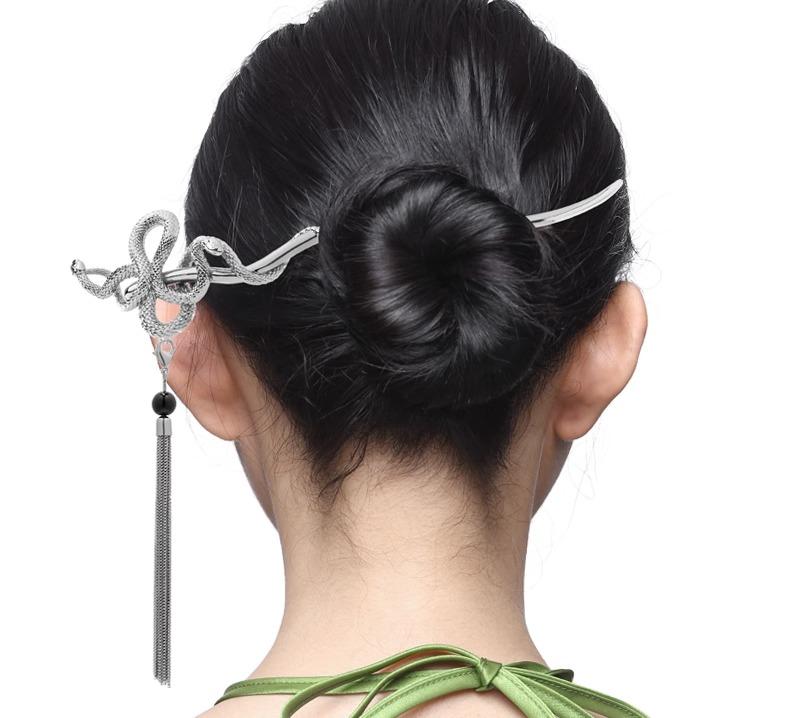 かんざし 一本挿し 大人 上品 レディース モダン チャイナ風 ヘアアクセサリー ピン まとめ髪 大きめ チェーン 合金 シンプル おしゃれ 蛇 シルバー