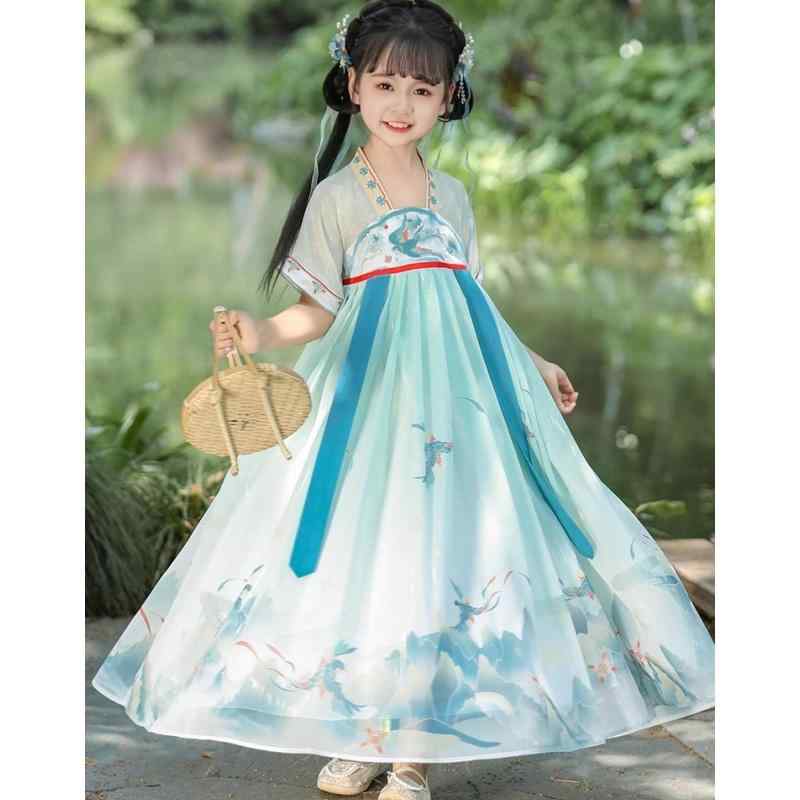 楽天フロントップ楽天市場店漢服 子供 コスプレ ガールズ 夏 ファンタジー レトロ ドレス 半袖 鳥 刺繍 柔らかい エレガント 山 撮影 ロング ワンピース プリーツ 青