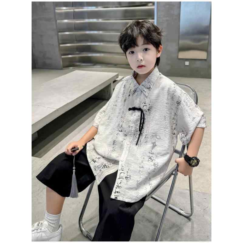漢服 子供 コスプレ 男の子 夏 セットアップ ルーズ 半袖 シャツ ボタン ショートパンツ チャイナ風 パ..