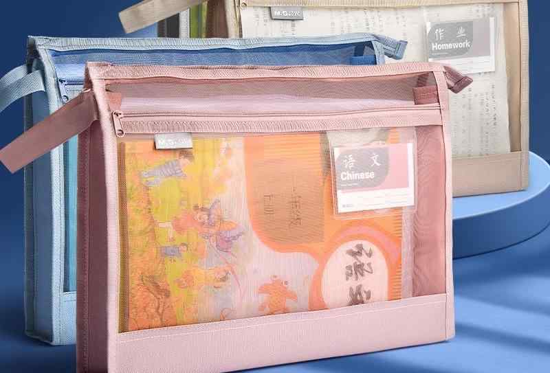 書類 収納 ケース A4 透明 メッシュ ファイル バッグ ナイロン ファスナー ポケット ラベル 厚手 大容量 学生 連絡袋 教科書 文房具 シンプル 5点セット