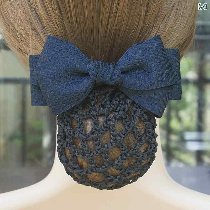 シニヨン ネット 可愛い ナース ヘアアクセサリー メッシュ 伸縮性 シンプル レディース 銀行 病院 ホテル リボン ピン クリップ 韓国 青 黒