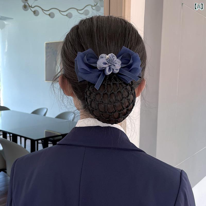 シニヨン ネット 可愛い 花 頭 レディース 看護師 ヘアアクセサリー ポケット 銀行 ホテル CA まとめ髪 リボン メッシュ クリップ シアー 黒 ピンク 青