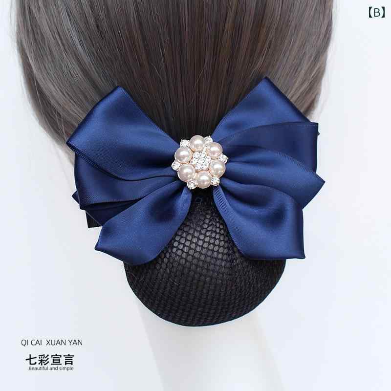 シニヨン ネット 可愛い 花 頭 リボン ビーズ 光沢 レディース ヘアアクセサリー ホテル 看護師 銀行 CA クリップ メッシュ キラキラ レース 青 紫 緑