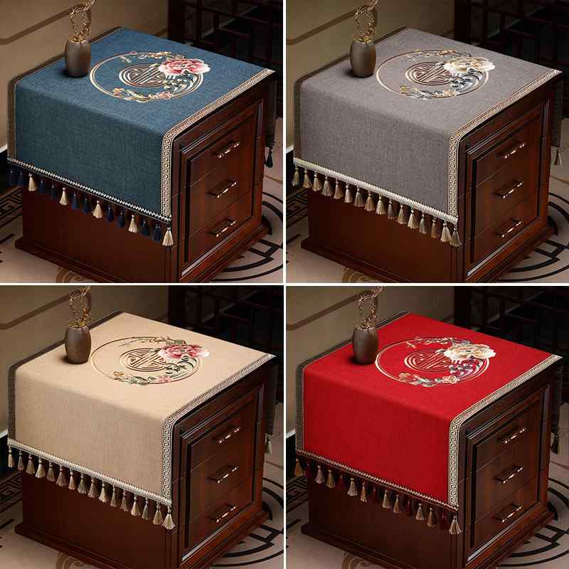 テーブルクロス 小さめ ベッド サイド カバー キッチン ほこりよけ 布 レトロ 洗濯機 二層加工 長方形 牡丹 刺繍 花 ワンポイント 防水 耐摩耗性 タッセル 青 赤 黄色