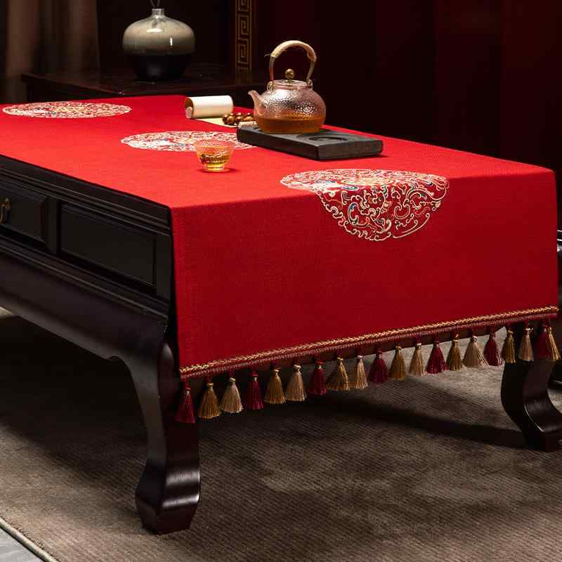 楽天フロントップ楽天市場店テーブルクロス 小さめ チャイナ風 コーヒー マット 結婚式 リビング 長方形 テレビ キャビネット 耐摩耗性 刺繍 ドリスコットン リネン 防水 青 赤 黄色