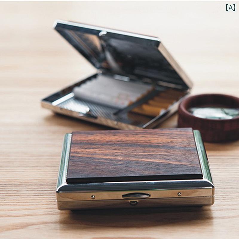 タバコケース メンズ 木製 ポータブル 薄型 ボックス 金属 ギフト レトロ クリップ 抗圧力 おしゃれ 紳士 シンプル 四角 コンパクト チャイナ風 赤 厚