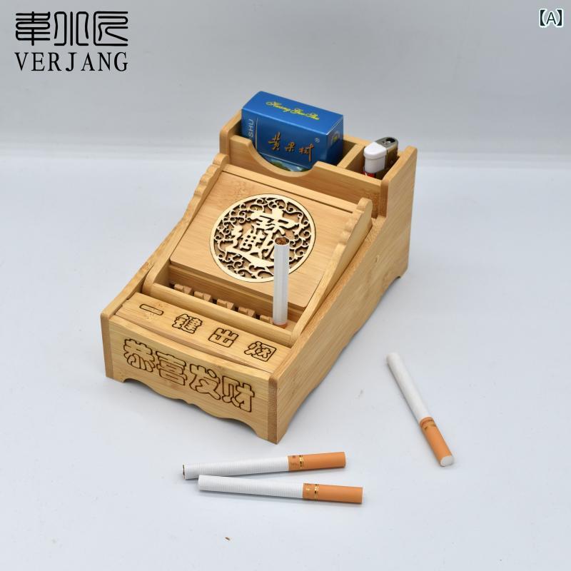タバコケース メンズ 木製 おしゃれ 卓上 チャイナ風 ワンクリック 半 自動 ボックス 竹 工芸品 収納 リビング 書斎 彫刻 漢字 ギフト お祝い