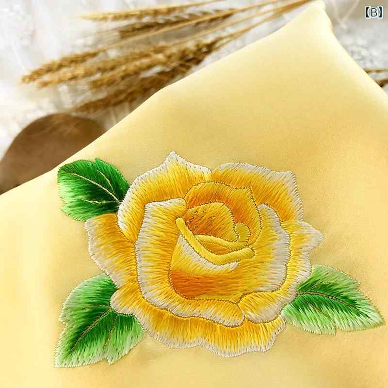 ハンカチ レディース ギフト 母の日 二重 刺繍 バラ 花 チャイナ風 柔らかい 光沢 普段使い 旅行 シンプル ワンポイント スクエア 白 黄色 グレー