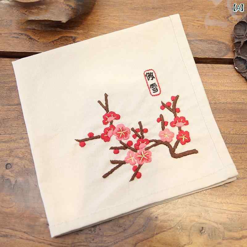 ハンカチ レディース ギフト 母の日 刺繍 レトロ チャイナ風 花 漢字 柔らかい 普段使い ビジネス 汗拭き 正方形 バラ ハス 綿