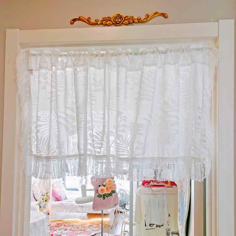 カフェカーテン おしゃれ レース 小窓 目隠し 透け感 キッチン 白 薄手 フリンジ トロピカル 植物 シンプル ロング丈 ナチュラル 幅広