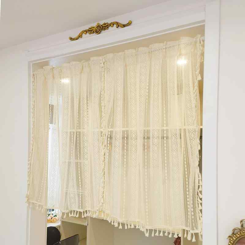カフェカーテン おしゃれ レース 窓 目隠し 透け感 薄手 綿 バルコニー タッセル 装飾 北欧 通気性 ナチュラル ポール通し ボヘミアン