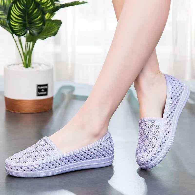 レディース フラット シューズ 靴 おしゃれ 女性用 夏 ママ ぺたんこ ビーチ 海水浴 メッシュ ラインストーン 模様 ラウンドトゥ 滑り止め カジュアル 普段使い お出かけ PVC 白 ピンク グレー