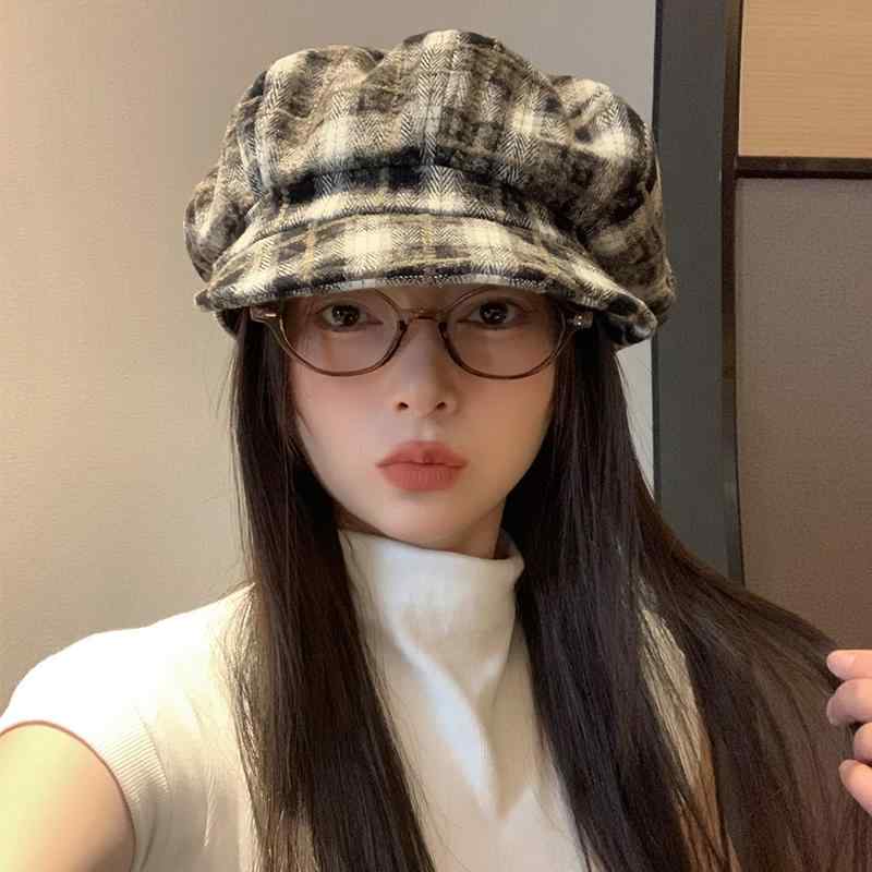 Beret - キャスケット レディース 春 おしゃれ 帽子 女性 レトロ チェック柄 八角形 夏 カジュアル 大きめ つば付き 小顔 シンプル 普段使い レジャー お出かけ 黒 赤 青