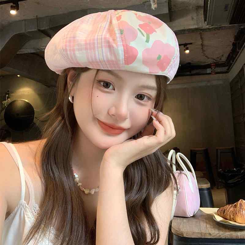 帽子 レディース ベレー帽 春 女性 チェック柄 夏 大きめ ハット 小顔 八角形 花 カジュアル 普段使い お出かけ ショッピング かわいい ピンク 青
