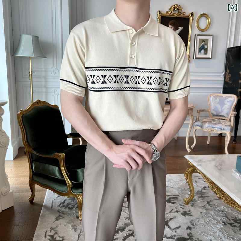 ポロシャツ 半袖 メンズ おしゃれ 春夏 トップス ニット ジャカード ひんやり 涼しい 快適 薄手 スリム フィット 変形しにくい ソフト ストレッチ レトロ カジュアル 幾何学模様 アプリコット 黒 大きいサイズ