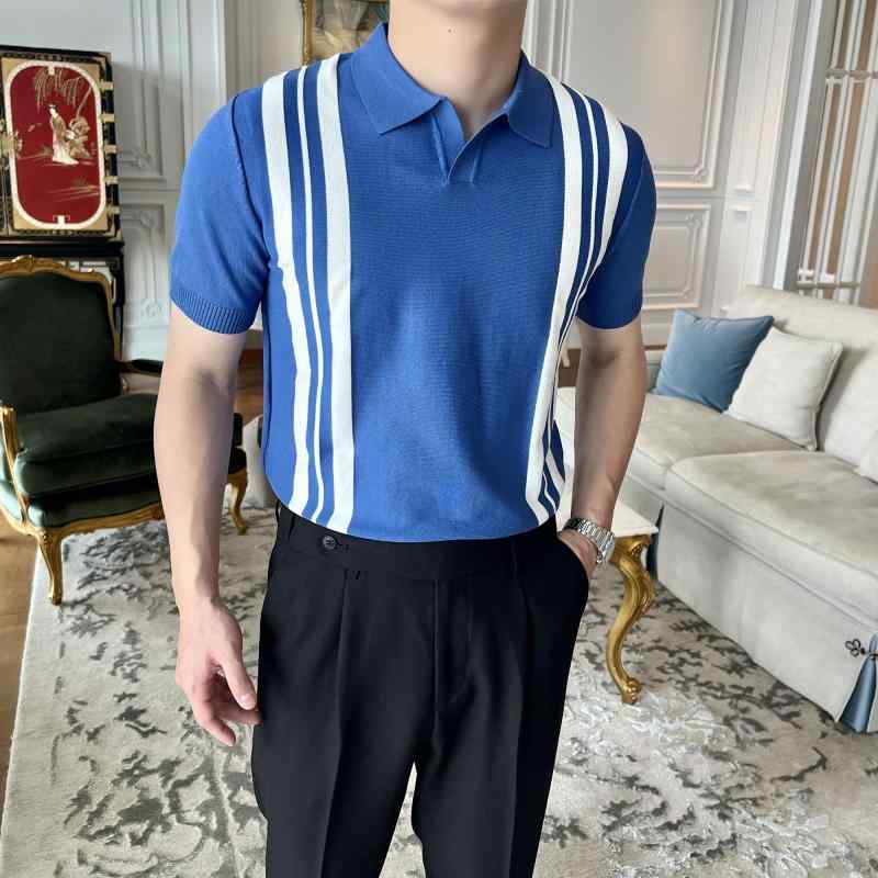 ポロシャツ 半袖 メンズ おしゃれ 春夏 トップス ニット ジャカード スキッパー スリム フィット ひんやり 涼しい 快適 変形しにくい 薄手 ソフト ストレッチ カジュアル ストライプ 白 黒 青 大きいサイズ