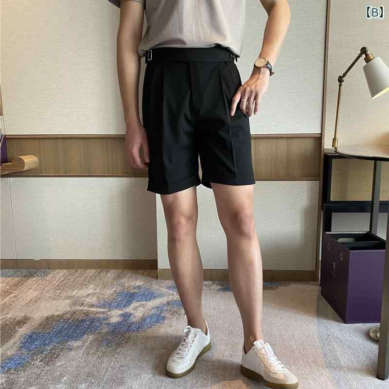 ハーフパンツ メンズ 膝上 春夏 ポリエステル ポケット バックル ツータック ハイウエスト ストレート スリム フィット カジュアル きれいめ シンプル 無地 グレー 黒 白 大きいサイズ
