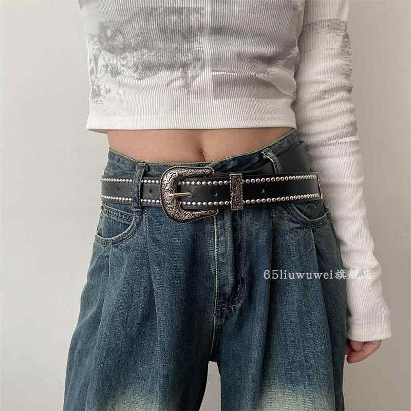 ベルト レディース メンズ ジーンズ おしゃれ 穴あり PUレザー 幅32mm 合金 ピン Dバックル リベット ウエスタン サイズ 調節可能 韓国 カジュアル レトロ アメリカン Y2K パンク ロック フェアリーグランジ 普段使い 黒 茶色