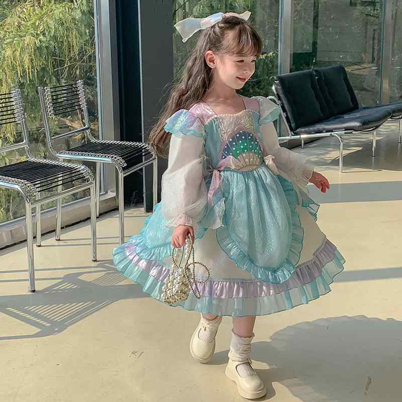 ドレス 女の子 キッズ プリンセス 春秋 ロリータ 誕生日 韓国 かわいい リボン パール キラキラ 青 ヘ..