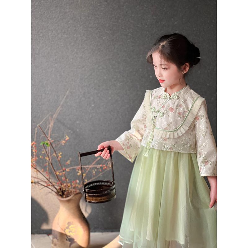キッズ 女の子 ワンピース 春秋 緑 漢服 チャイナ風 旅行 Aライン スカート 長袖 花柄 かわいい 普段使..