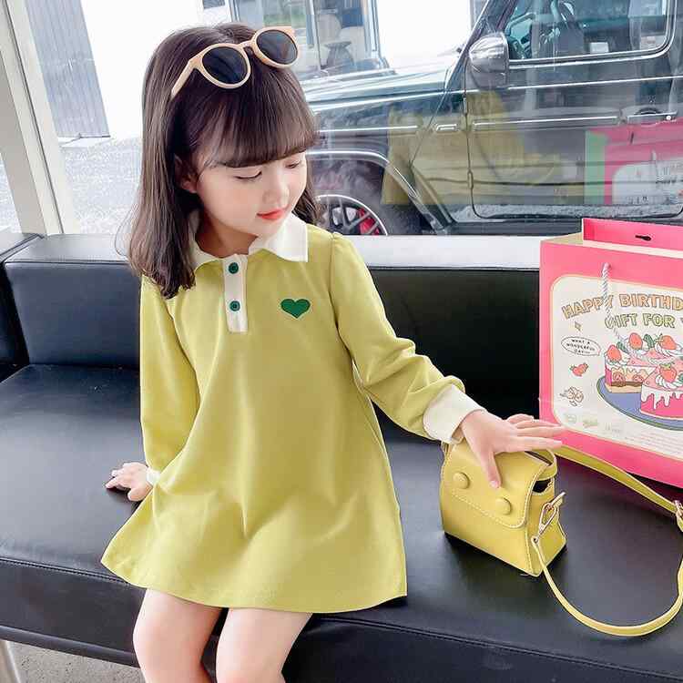 Long-Sleeved - キッズ 女の子 ワンピース 春秋 長袖 トレーナー おしゃれ Aライン スカート 韓国 ハート 緑 ピンク シンプル ナチュラル 普段使い おでかけ