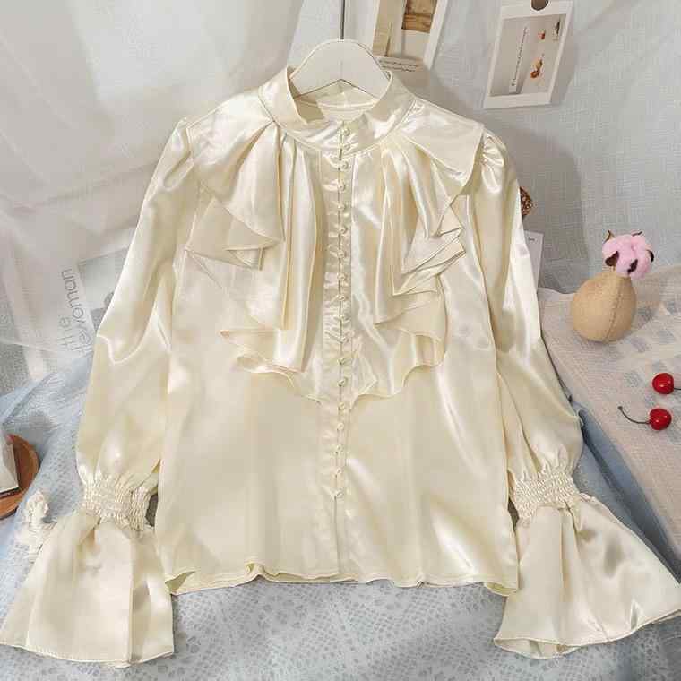 ベルスリーブ ブラウス レトロ レディース シャツ トップス 風 白 黒 長袖 フリル 大きい袖 エレガント 発表会 上品 光沢感