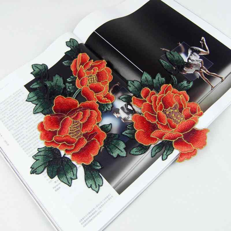 花 刺繍 ワッペン ゴールド 縁取り 赤 緑 葉 衣類 布 装飾 アップリケ DIY 大きめ 手縫い 衣装 おしゃれ チャイナ風 個性的