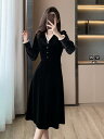 ワンピース レディース おしゃれ 長袖 ロング ブラック Vネック シーズン秋冬 ベルベット 韓国 エレガント パーティー フォーマル