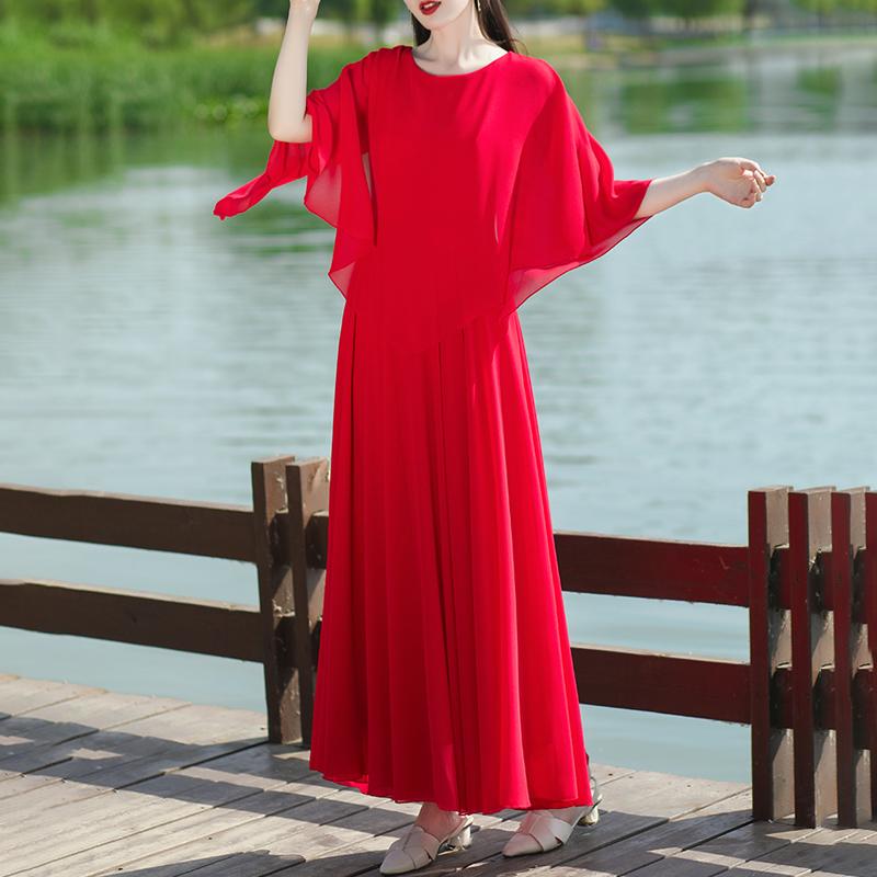 長 - ワンピース レディース おしゃれ 春夏 絲 ロング丈 フェイクツーピース 体型カバー 旅行 リゾート 海 きれいめ ゆったり デート