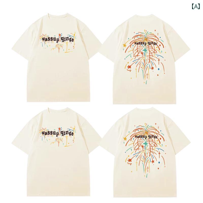 Tシャツ 夏 メンズ レディース 半袖 トップス クルーネック 大きいサイズ ゆったり プリント カップル リンクコーデ ペアルック シンプル カジュアル おしゃれ 黒 白 アプリコット 英字 花火柄