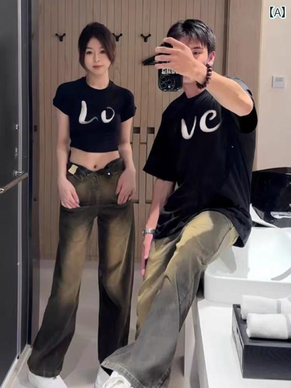 樂天商城 - Tシャツ 夏 レディース メンズ 半袖 トップス クルーネック 大きいサイズ ゆったり プリント カップル リンクコーデ ペアルック シンプル カジュアル おしゃれ 白 黒 英字