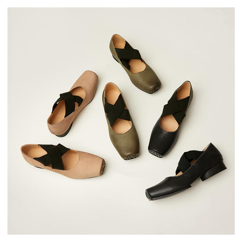 レディース パンプス ローヒール レトロ スクエアトゥ バレエ メリージェーン 緑 黒 アプリコット シンプル おしゃれ おでかけ 普段使い 柔らかい 牛革