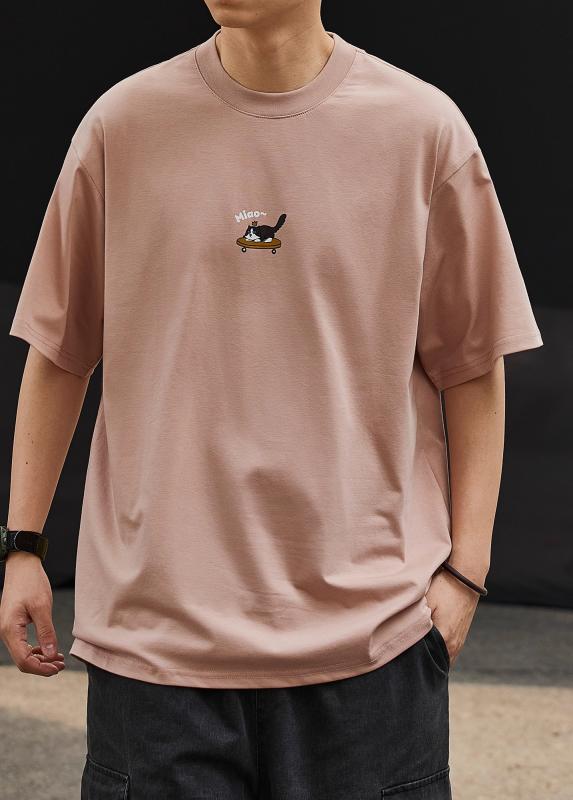 Other - Tシャツ 夏 ユニセックス メンズ レディース 半袖 トップス クルーネック 大きいサイズ ゆったり プリント カップル リンクコーデ ペアルック シンプル ストリート カジュアル かわいい 黒 アプリコット ピンク ネコ柄