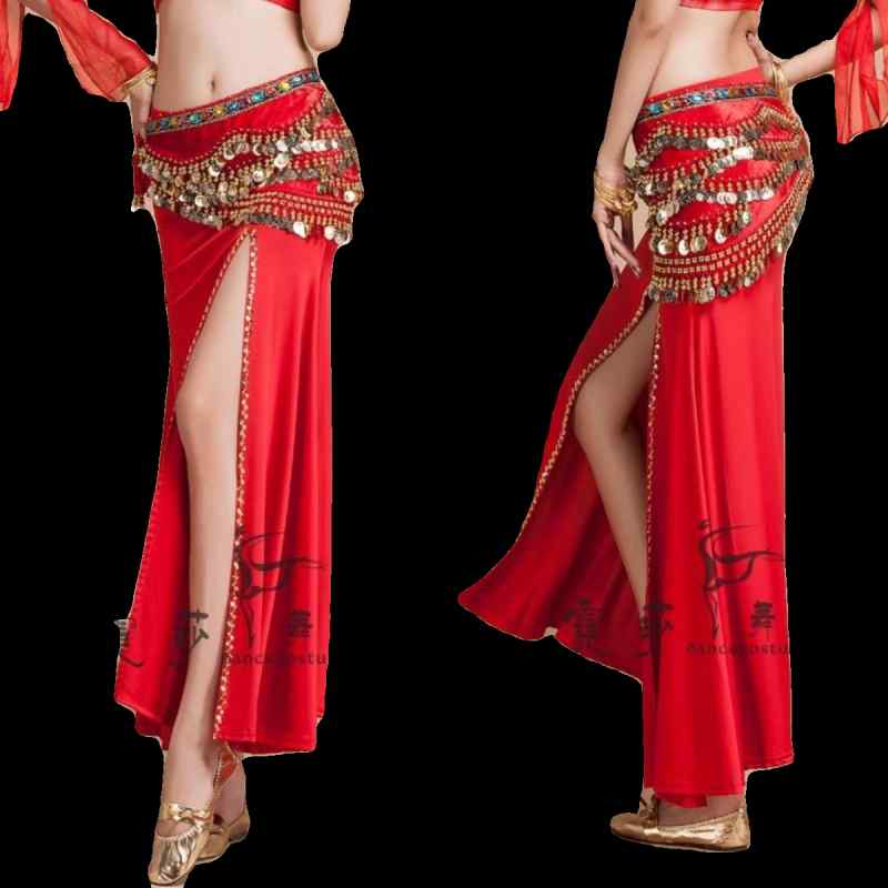 ベリーダンス 衣装 スカート レディース ウエストチェーン セット スリット ビーズ 刺繍 レッスン着 パフォーマンス ステージ オリエンタル セクシー 赤 青...