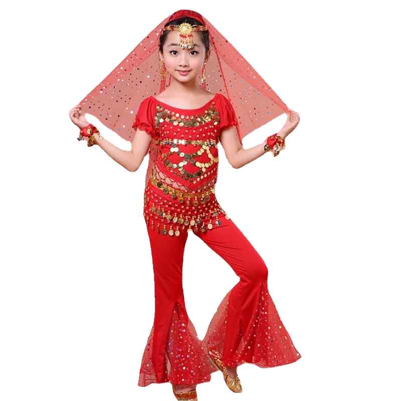 アラビアン 衣装 キッズ 女の子 インド舞踊 ベリーダンス セットアップ 半袖 トップス パンツ ウエストチェーン コイン パフォーマンス ステージ コスプレ ...