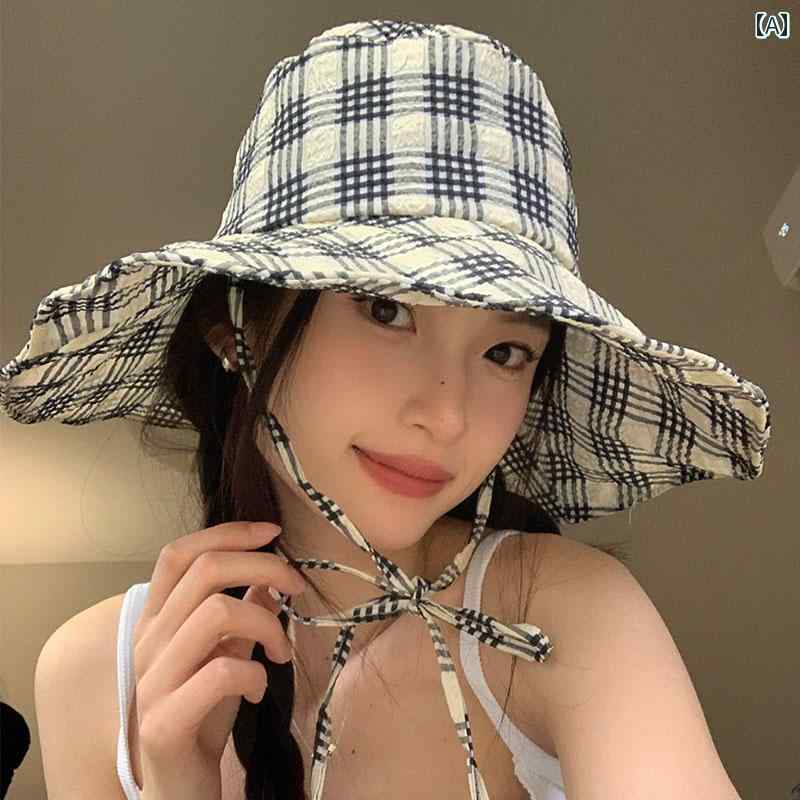バケットハット レディース 帽子 つば広 おしゃれ 日焼け防止 紐 コードストッパー 女性 韓国 小顔効果 カジュアル チェック柄 調節可能 春夏 日よけ お出かけ レジャー 旅行 黒 白 グレー