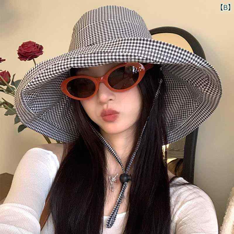 バケットハット レディース 帽子 つば広 おしゃれ 日焼け防止 紐 コードストッパー 女性 韓国 小顔効果 カジュアル チェック柄 調節可能 春夏 日よけ お出かけ レジャー 旅行 黒 白 グレー